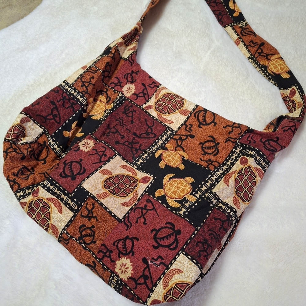 Hobo-style Sea Turtle Fabric Brown Large Crossbody Shoulder Bag  Made In Hawaii - Picture 4 of 16